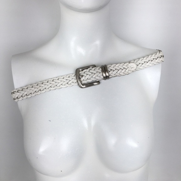 Women’s White Braided Woven Leather Belt Silver Tone Buckle Ladies M/L Cowgirl main image 5